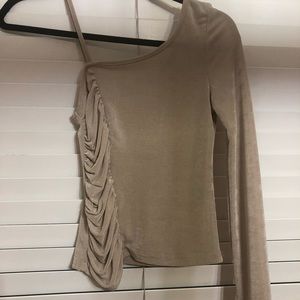 Beige shimmer one shoulder long sleeve top